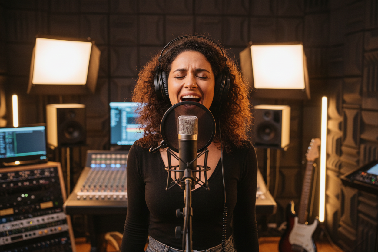 artiste en studio chante